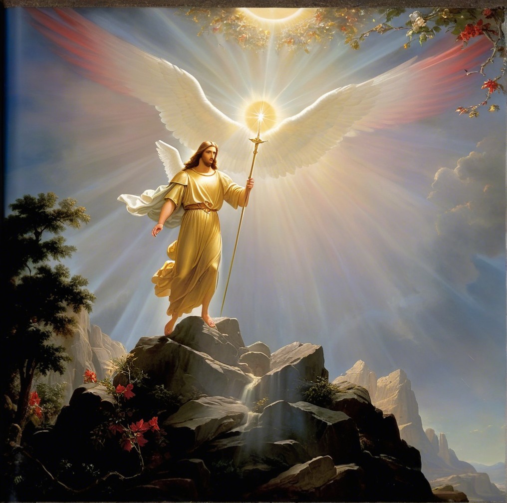 Majestic Figure with Wings and Radiant Staff in Nature