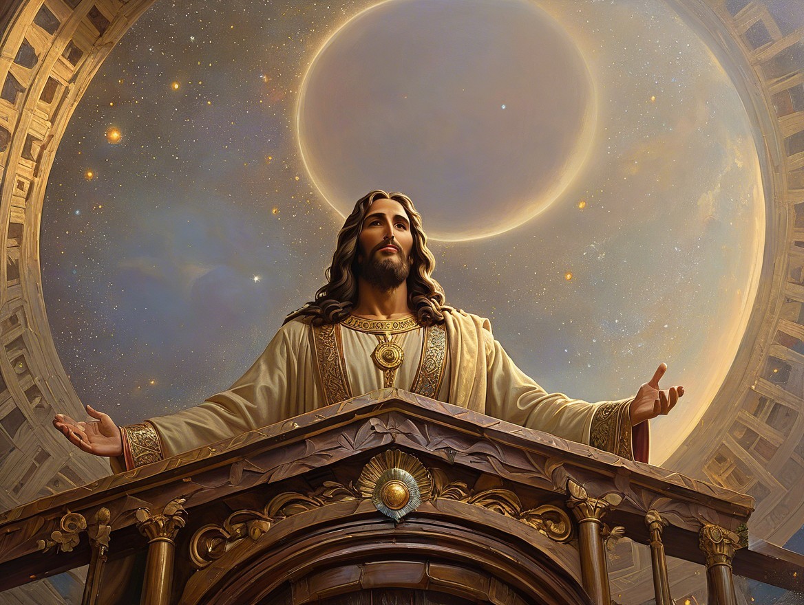 Majestic figure on ornate platform with celestial backdrop