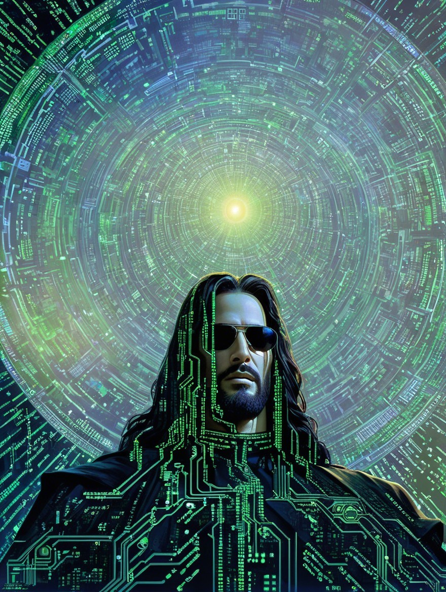 Futuristic Figure in Digital Patterns and Vibrant Design