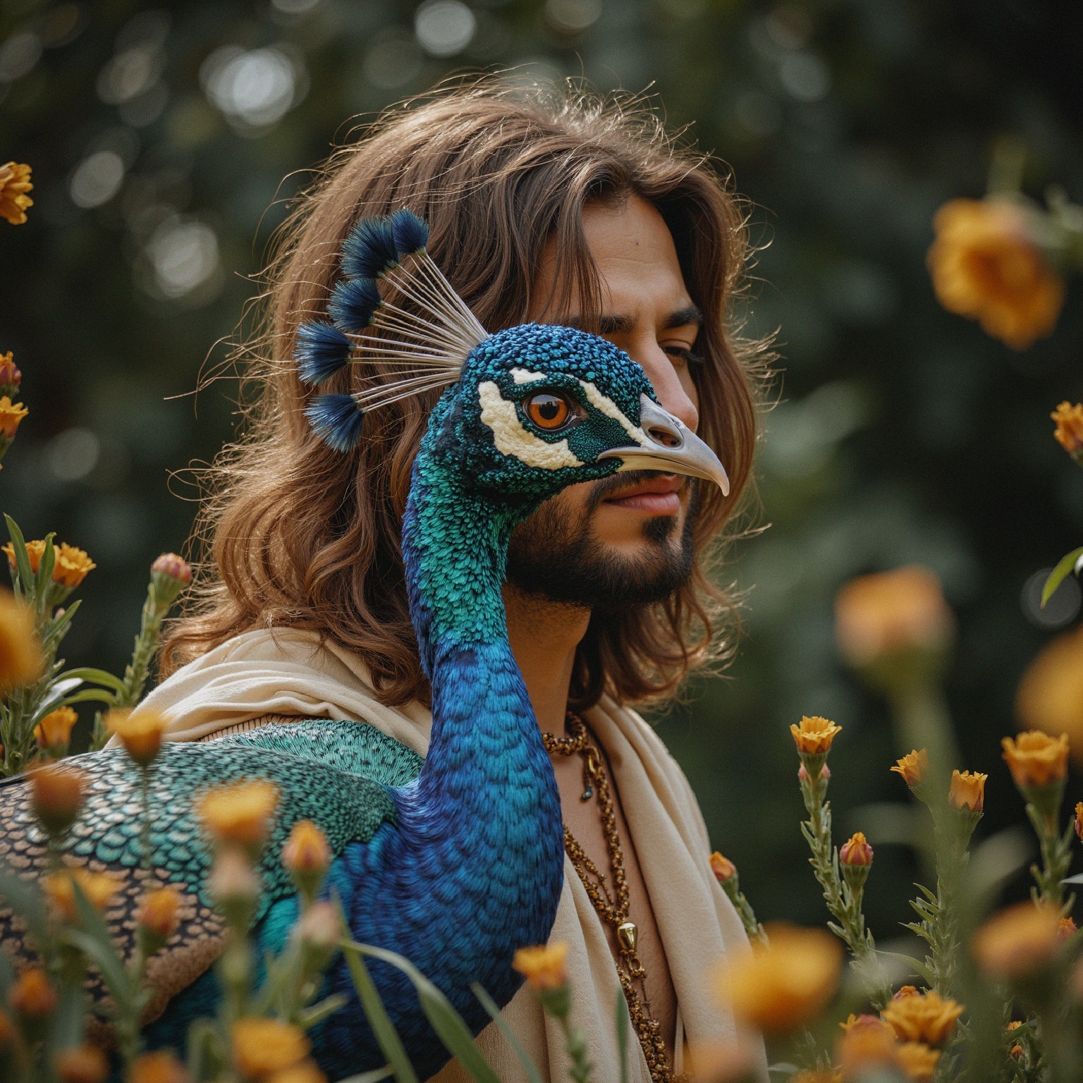 Portrait of a man with long hair among yellow flowers