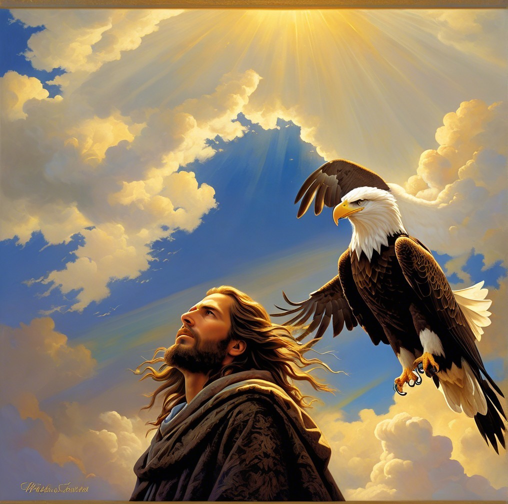 Majestic Figure with Eagle in Serene Cloudy Scene
