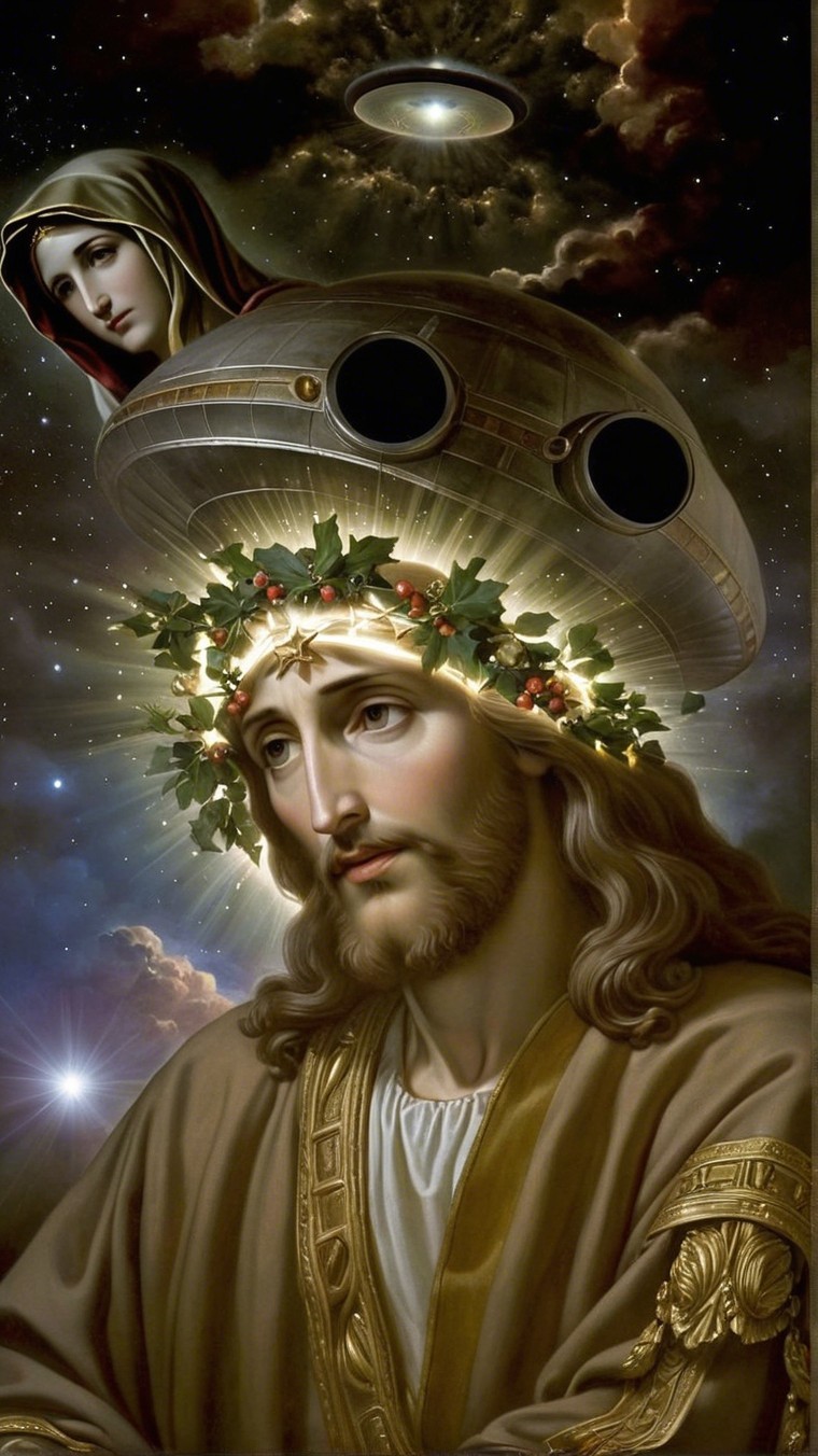 Biblical Figure with Crown Amidst Celestial Scene