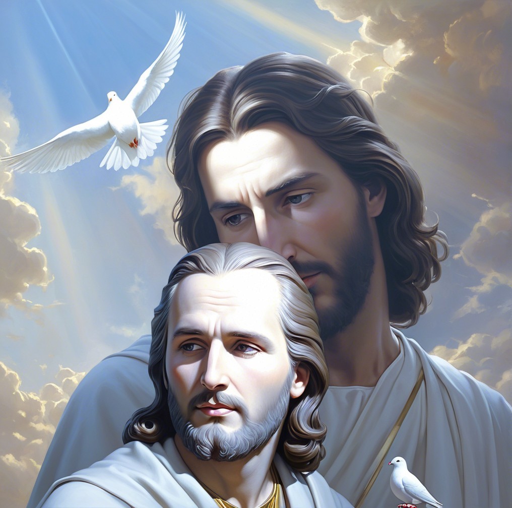 Serene Figures with Dove in Cloudy Light Background