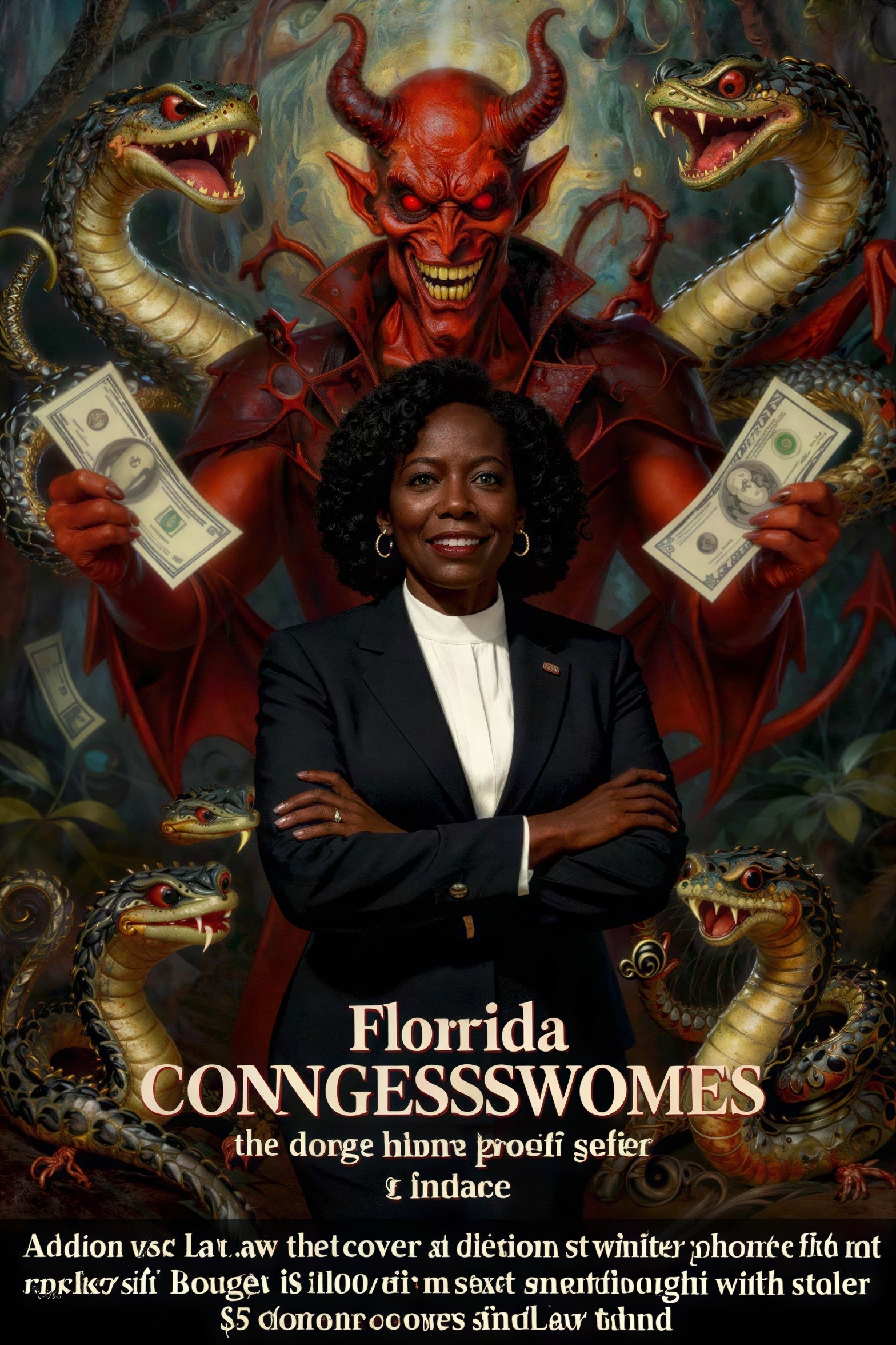 Dark-skinned woman surrounded by snakes and a devil
