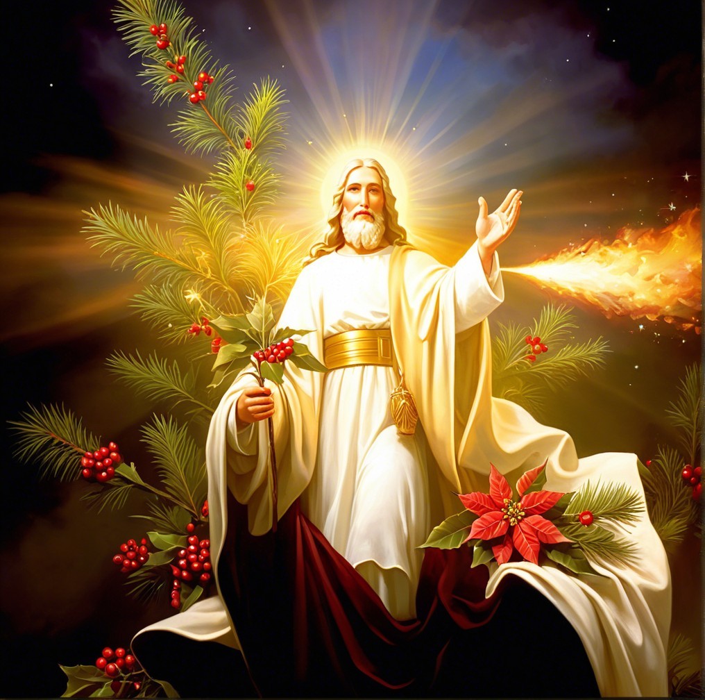 Radiant figure in white robes amidst festive greenery