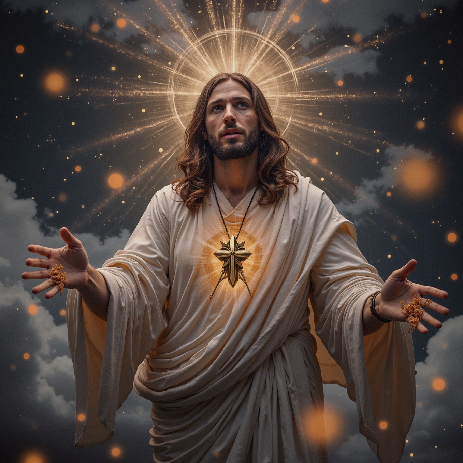 Serene divine figure in flowing robes with glowing light