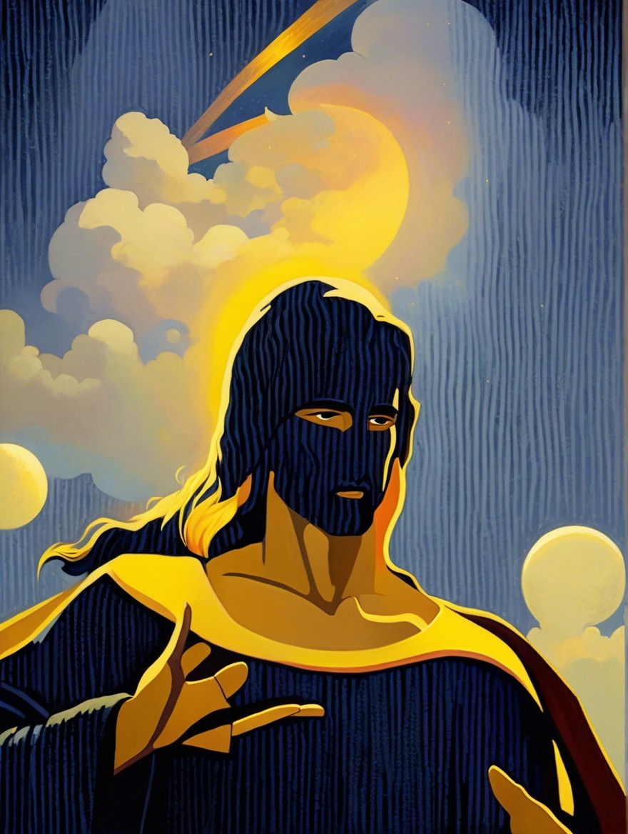 Stylized Figure with Halo in Celestial Background