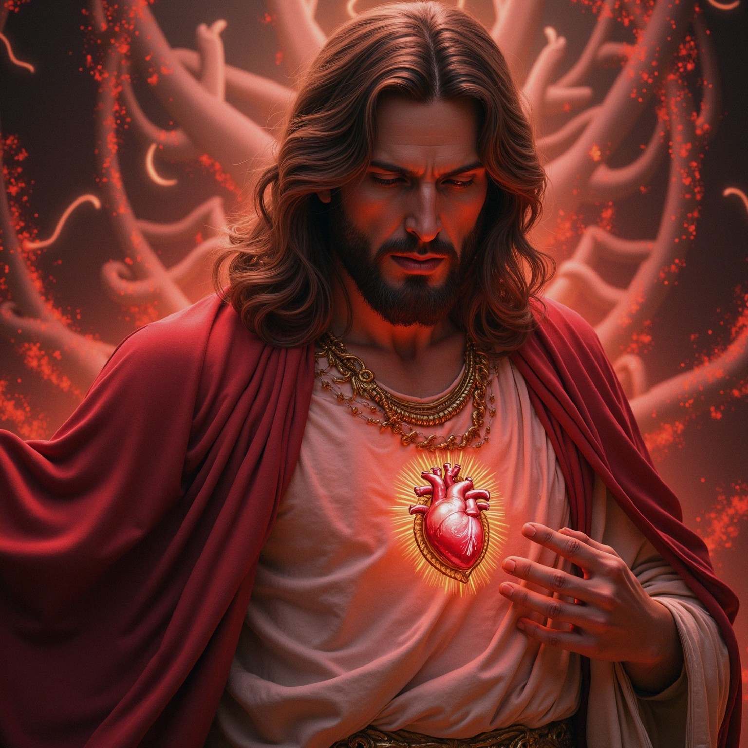 Serene figure in red and white with glowing heart