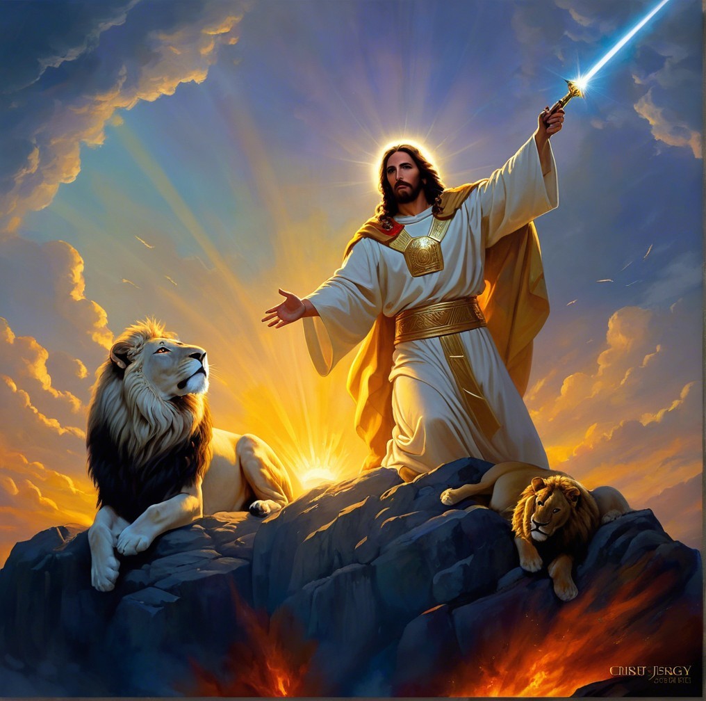 Divine Figure in White Robe with Lions and Sword