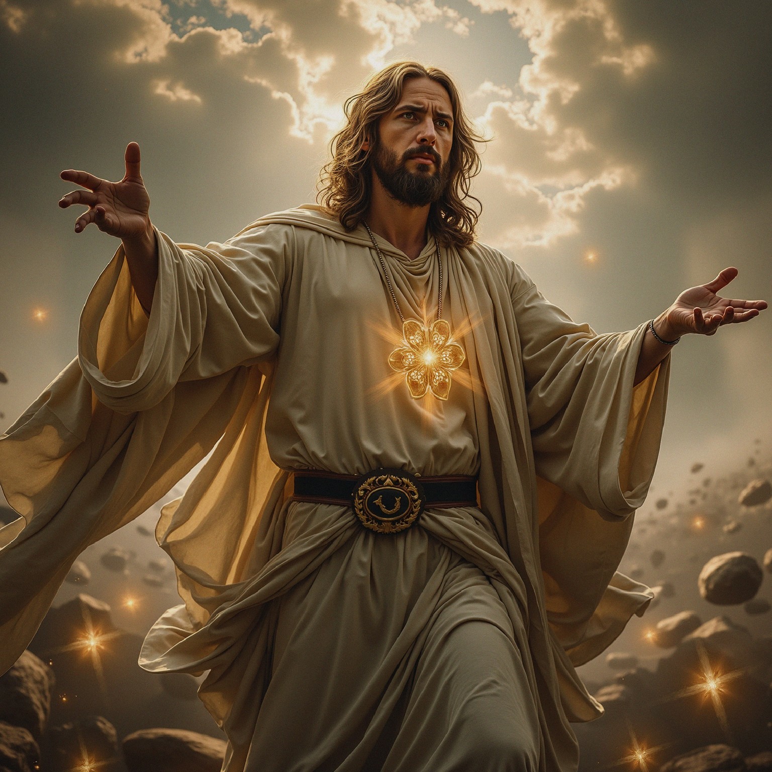 Serene figure in flowing robe in mystical landscape