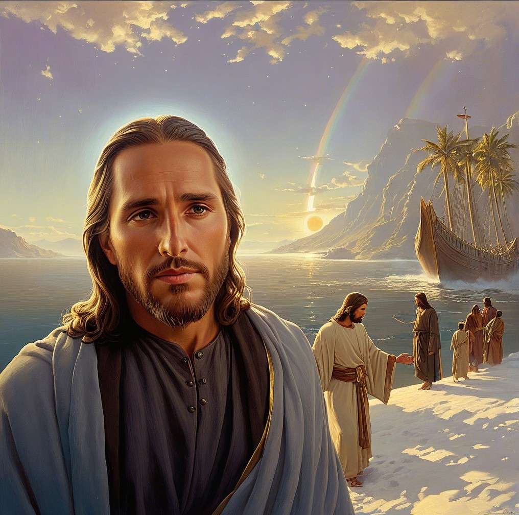 Serene Coastal Sunset with Figures and Ship