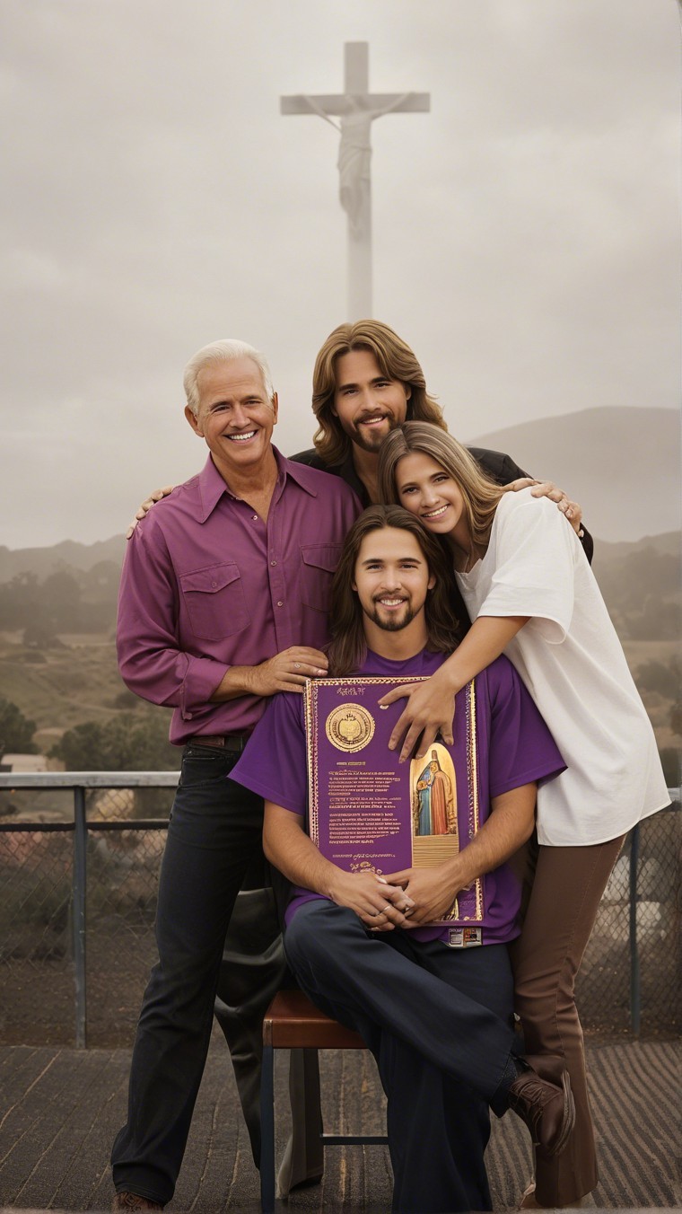 Group of Four Outdoors with Award and Cross Background