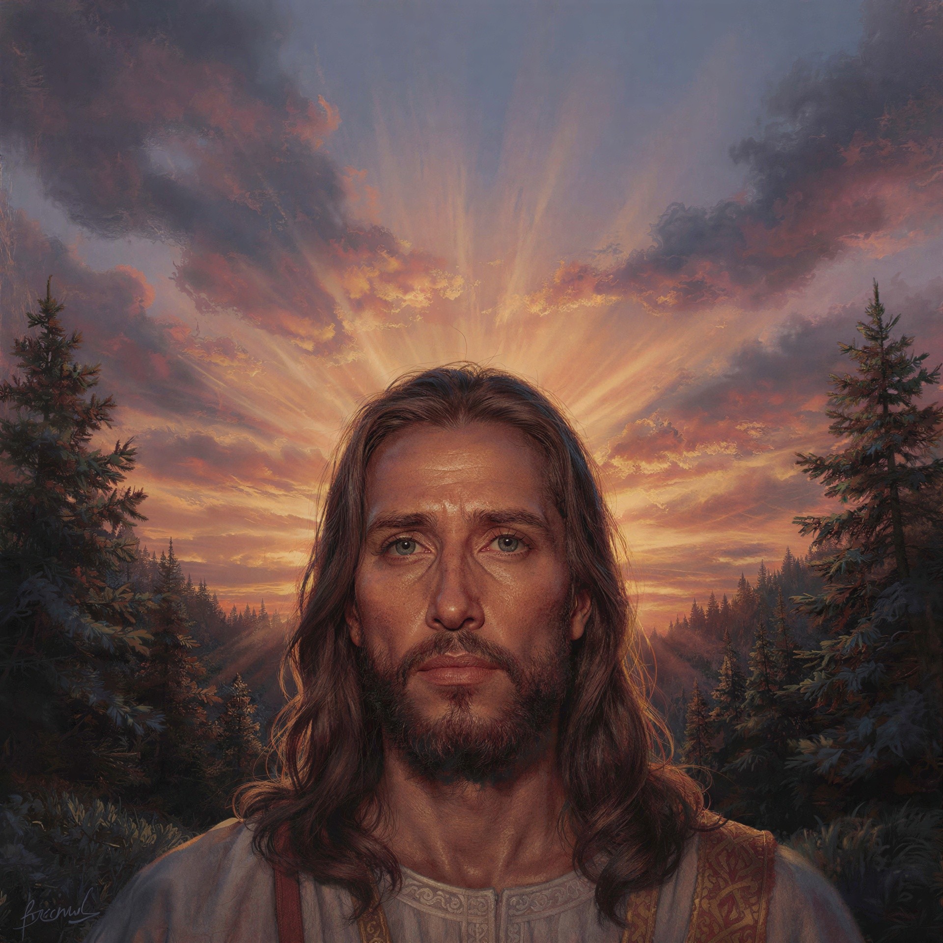 Realistic Oil Portrait of Jesus Christ with Sunset Background