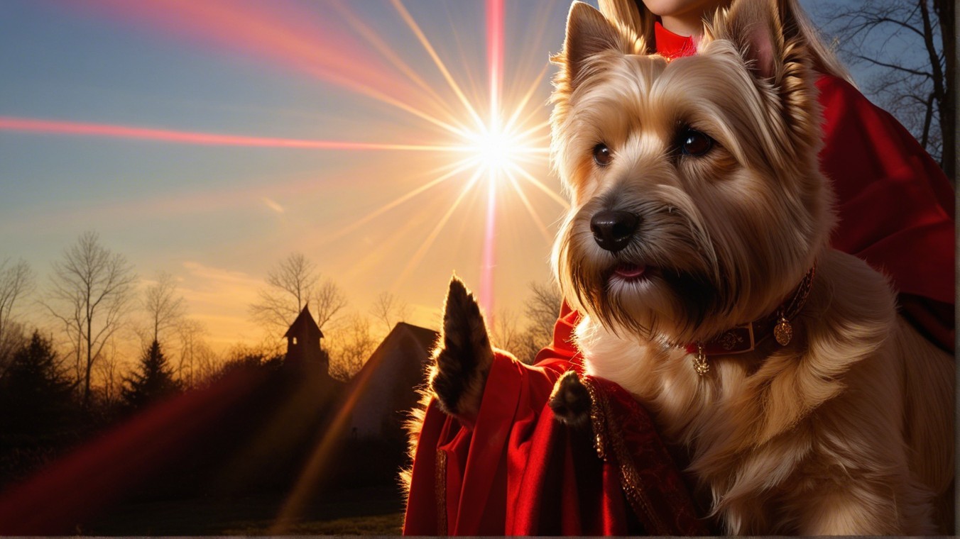 Serene sunset with a dog and person in red garment