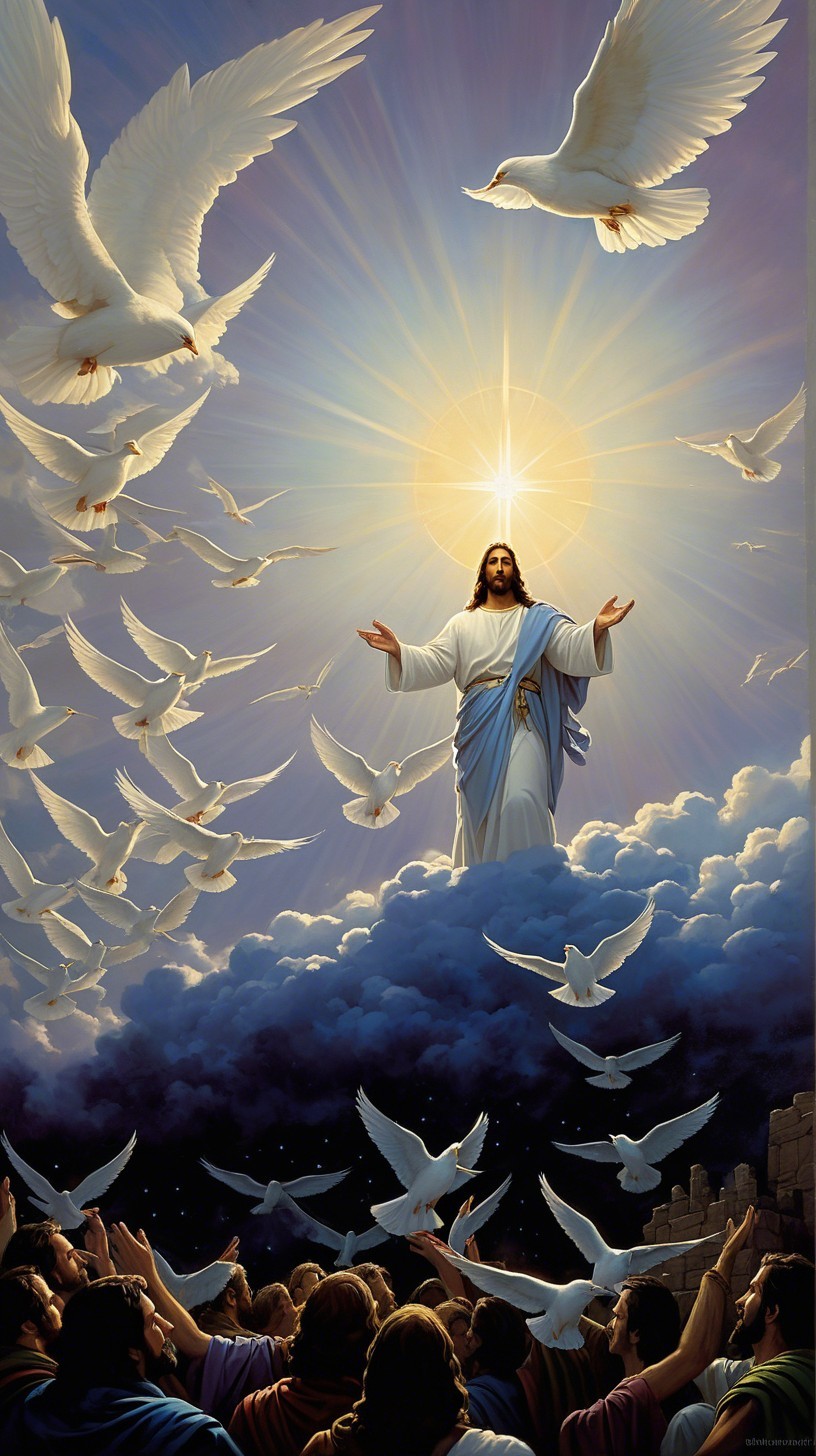 Religious Oil Painting of Jesus on a Cloud with Doves