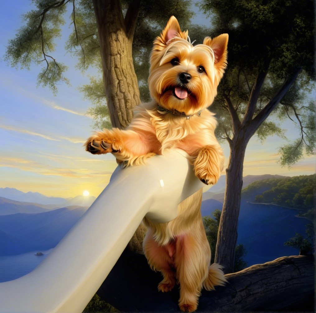 Yorkshire Terrier on Railing with Sunset Background