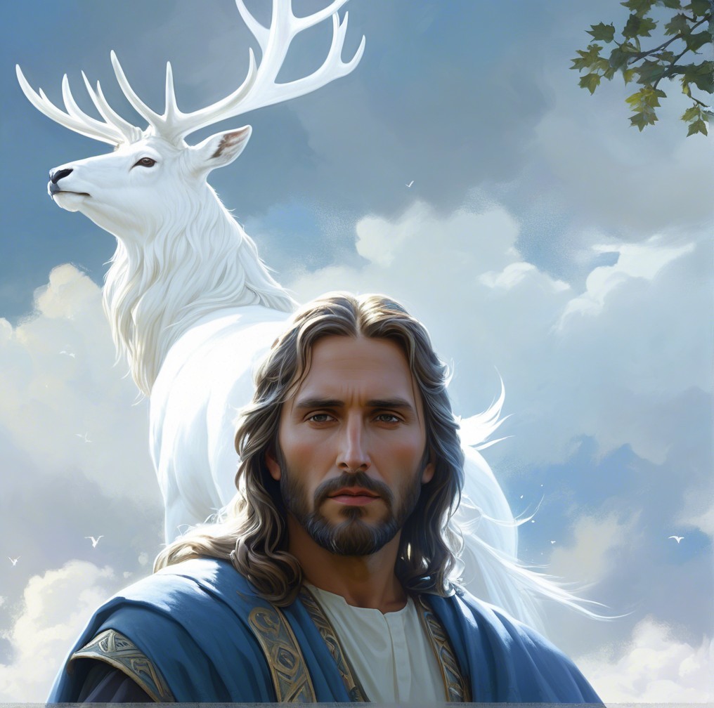 Majestic white stag with serene man in blue robe