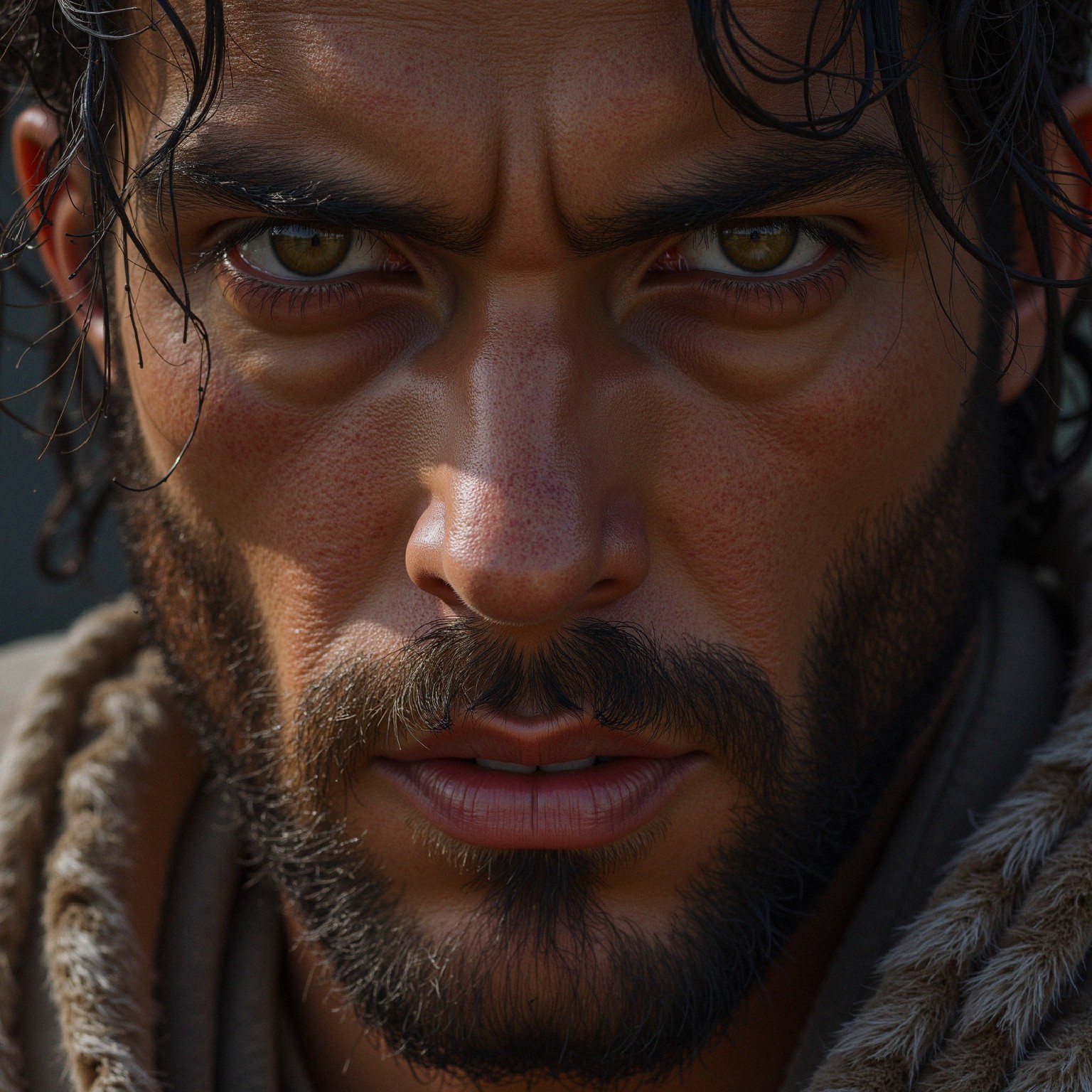 Close-up portrait of a rugged man with intense features