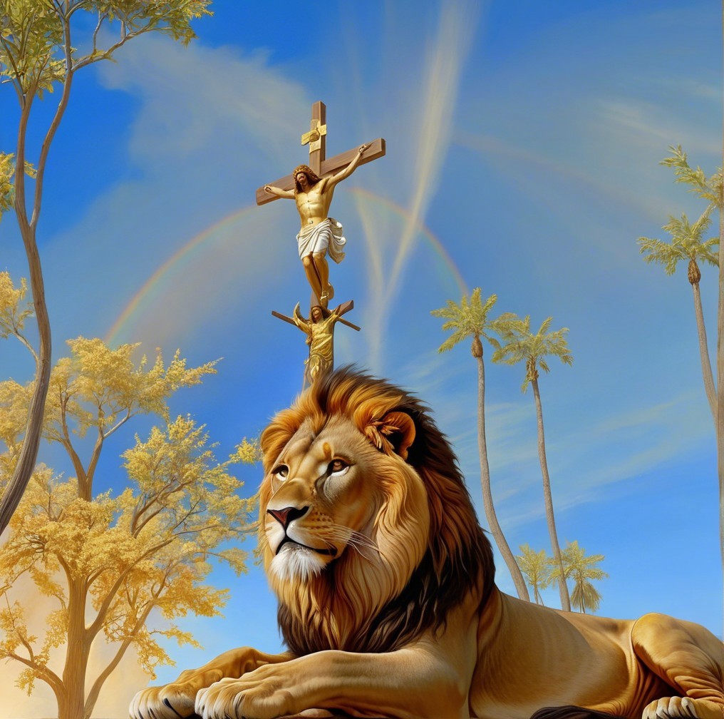 Lion Symbolizing Strength Amid Nature and Spirituality