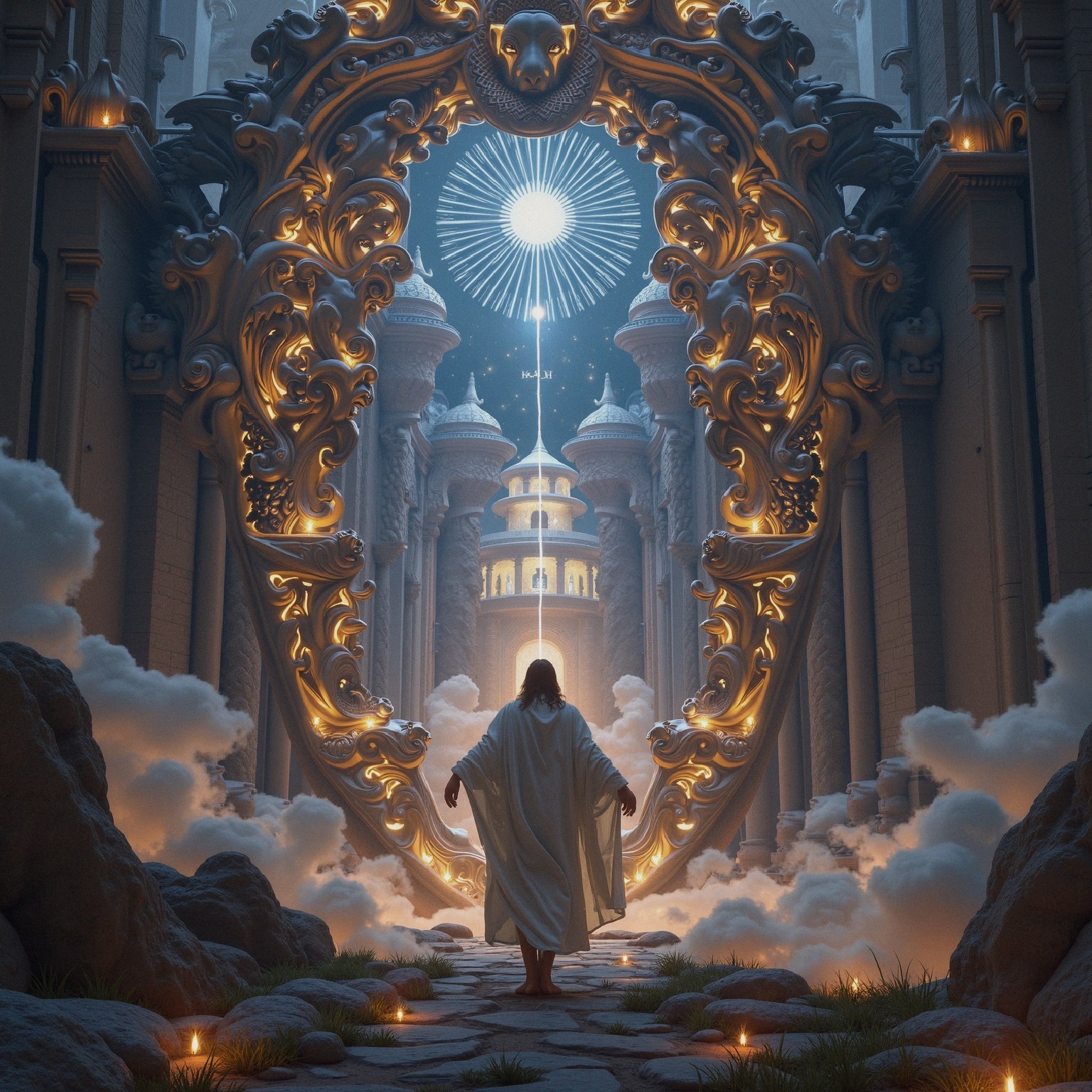 Ornate Archway Framing Celestial Scene and Palace