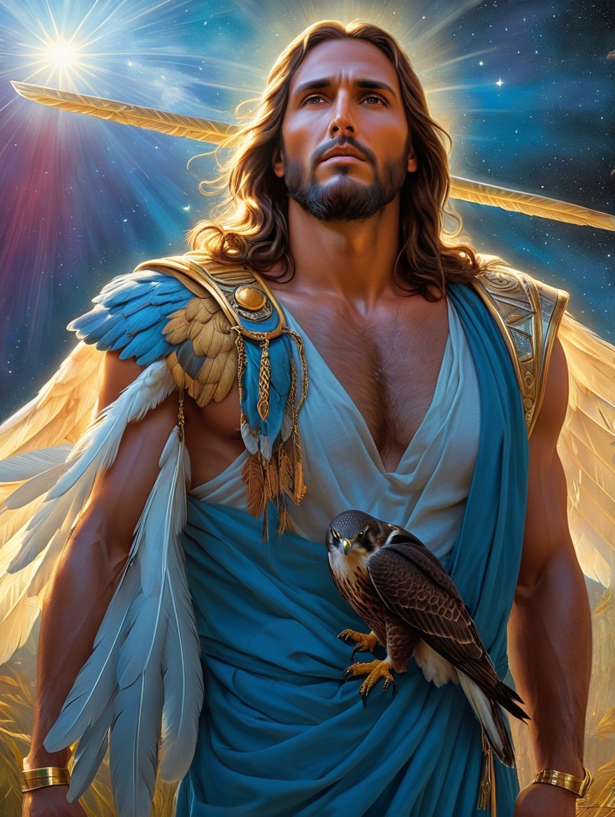 Majestic figure with wings and a falcon in blue robe