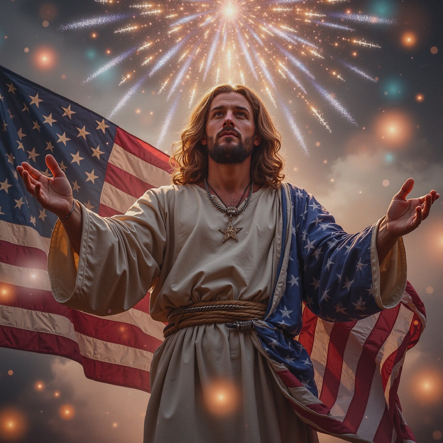 Majestic Figure Draped in American Flag with Fireworks