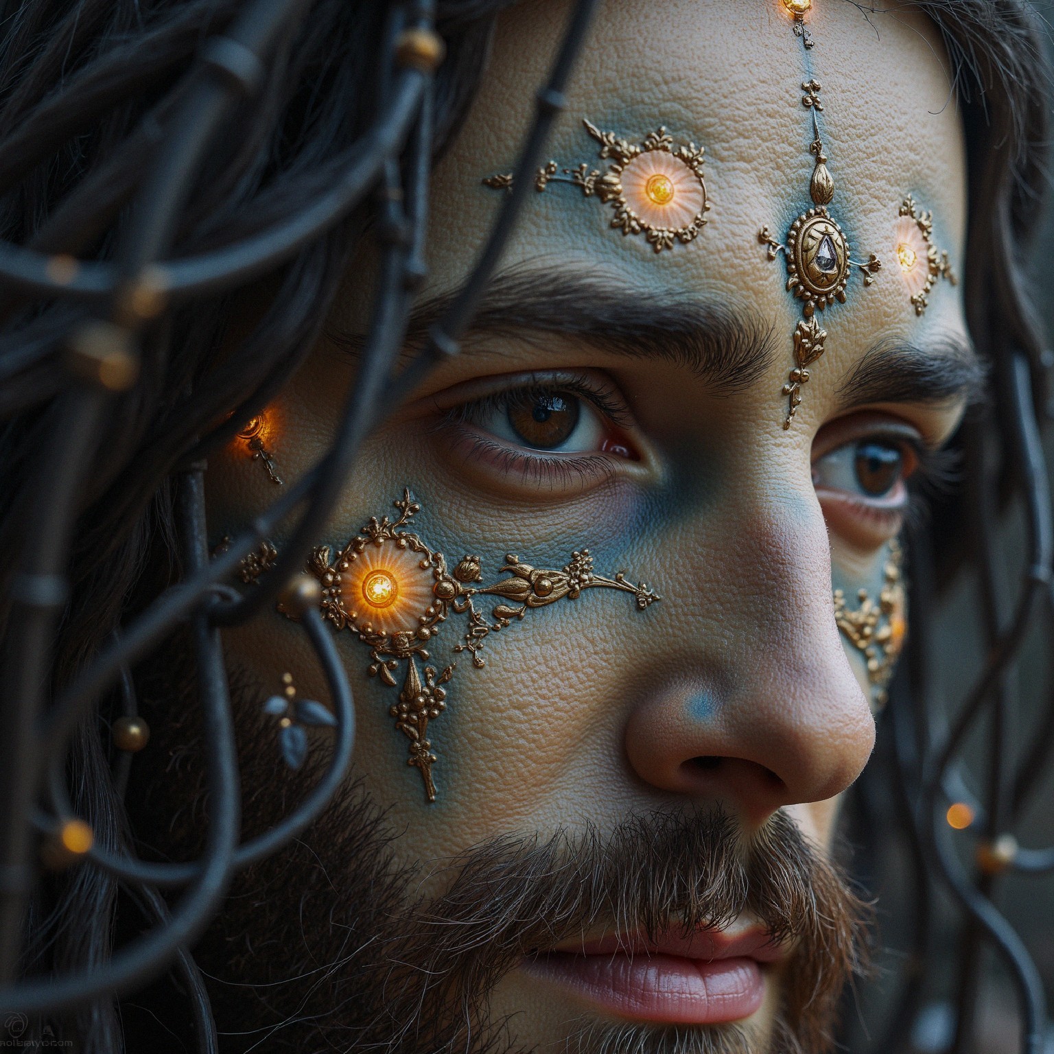 Close-Up Portrait with Metallic Facial Adornments