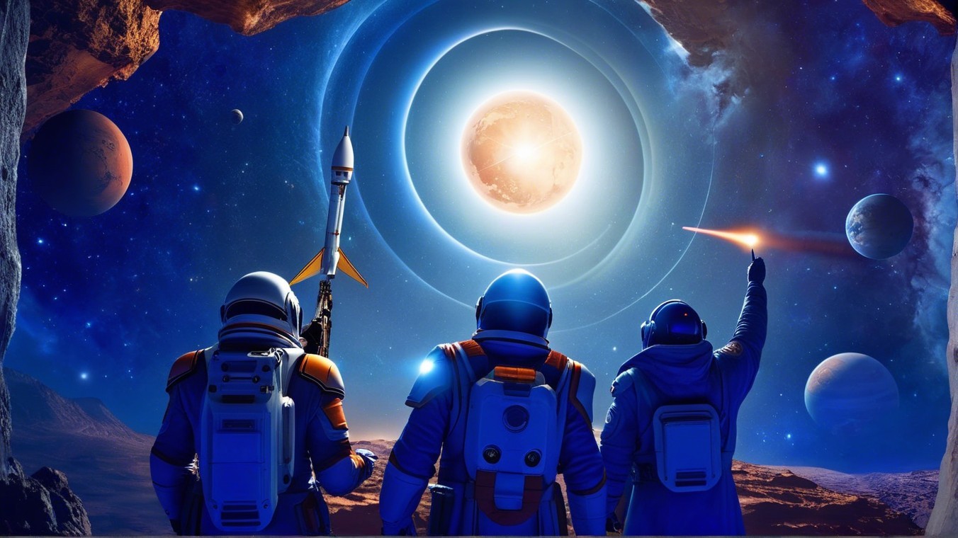 Astronauts in Rocky Cavern with Cosmic Background