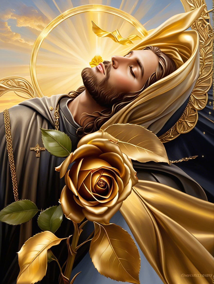 Serene Figure with Halo and Golden Rose in Artwork