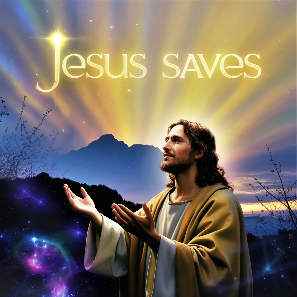 Glowing Jesus with Outstretched Arms in Majestic Setting
