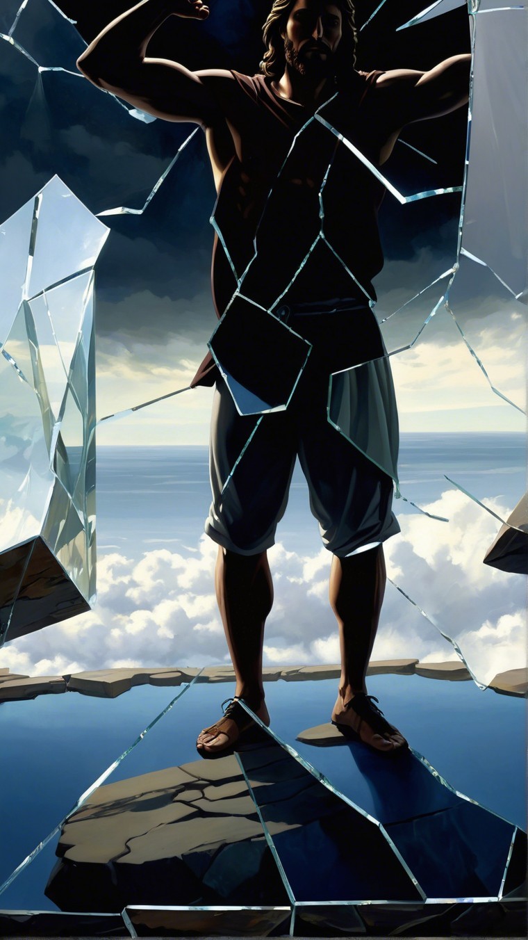 Powerful Figure Among Shattered Glass and Dramatic Sky