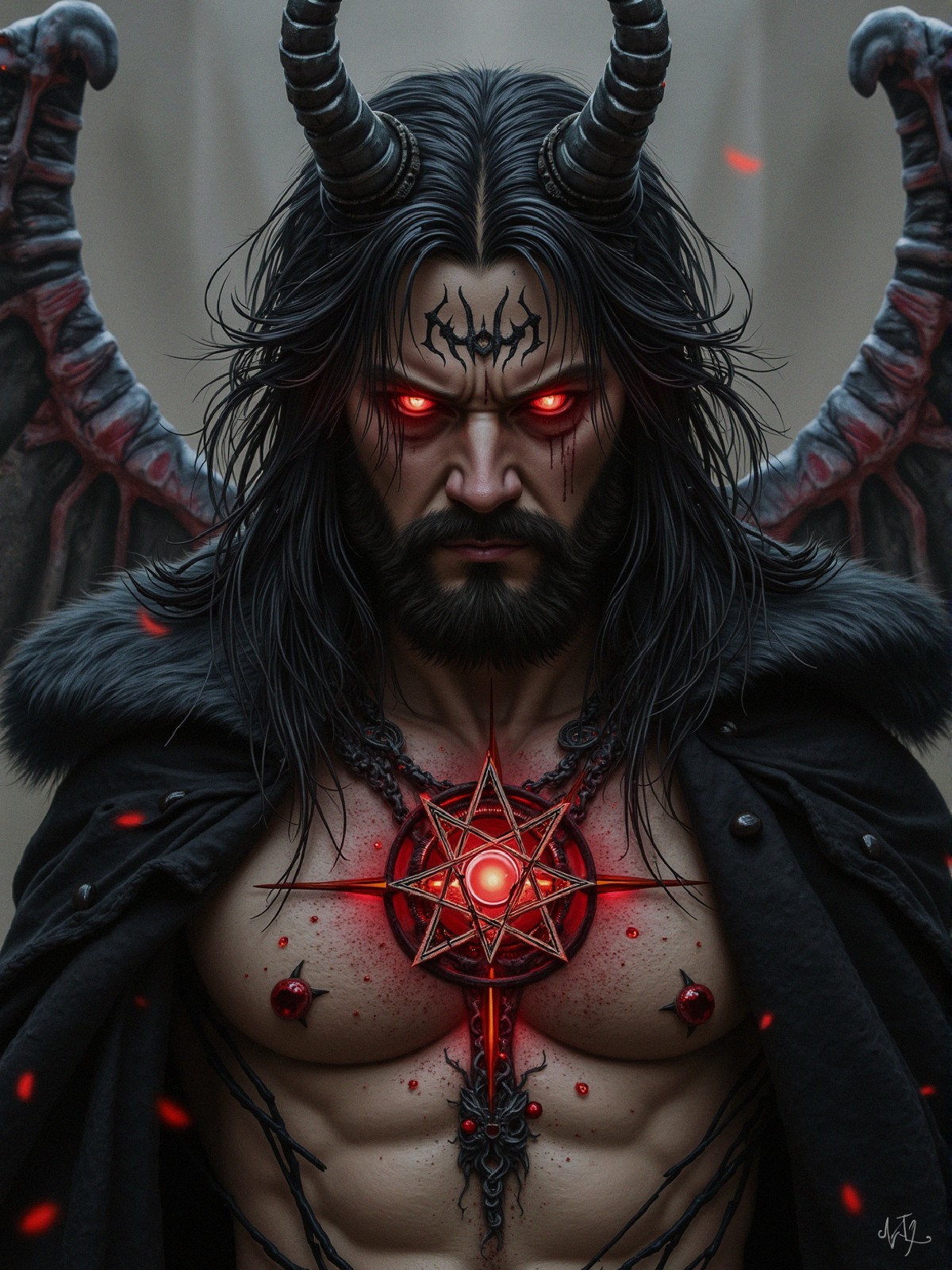 Dark Figure with Horns and Eerie Pentagram Design