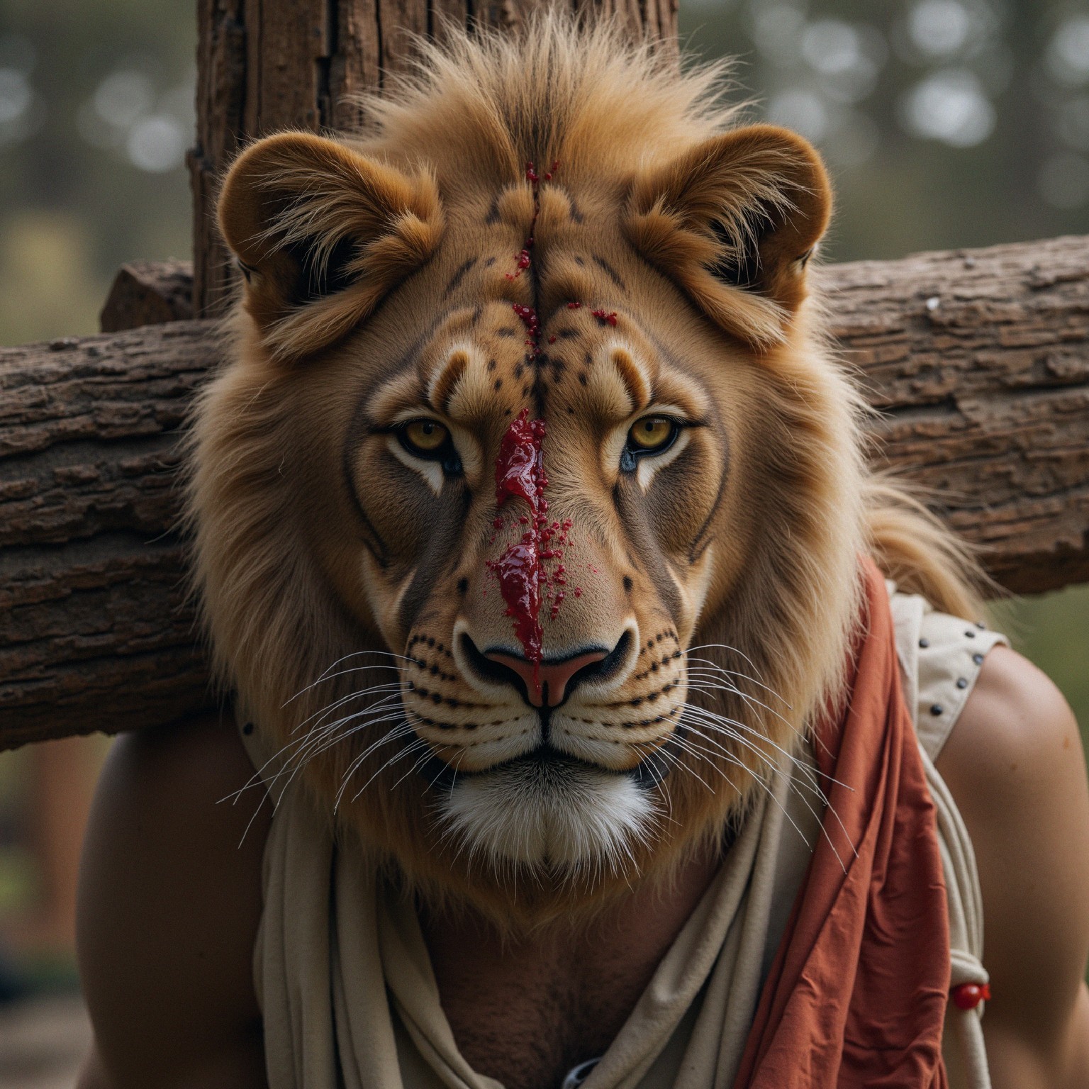 Human-Lion Hybrid with Majestic Mane and Red Mark