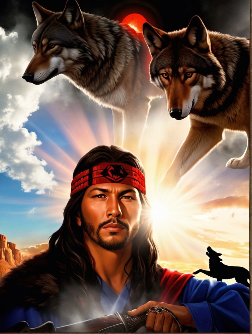 Man in Traditional Attire with Wolves at Sunrise