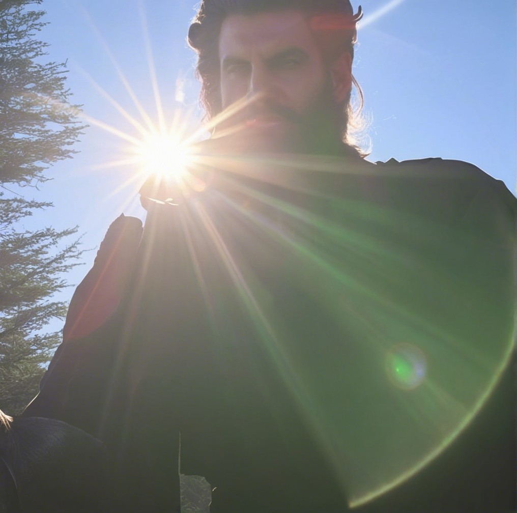Person Outdoors with Lens Flare and Greenery Background