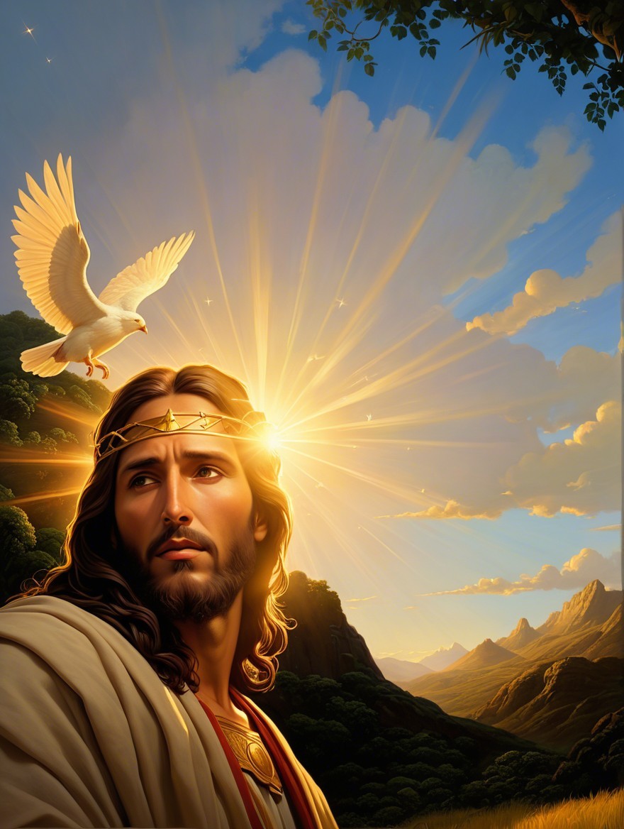 Serene landscape with sunrise and divine figure