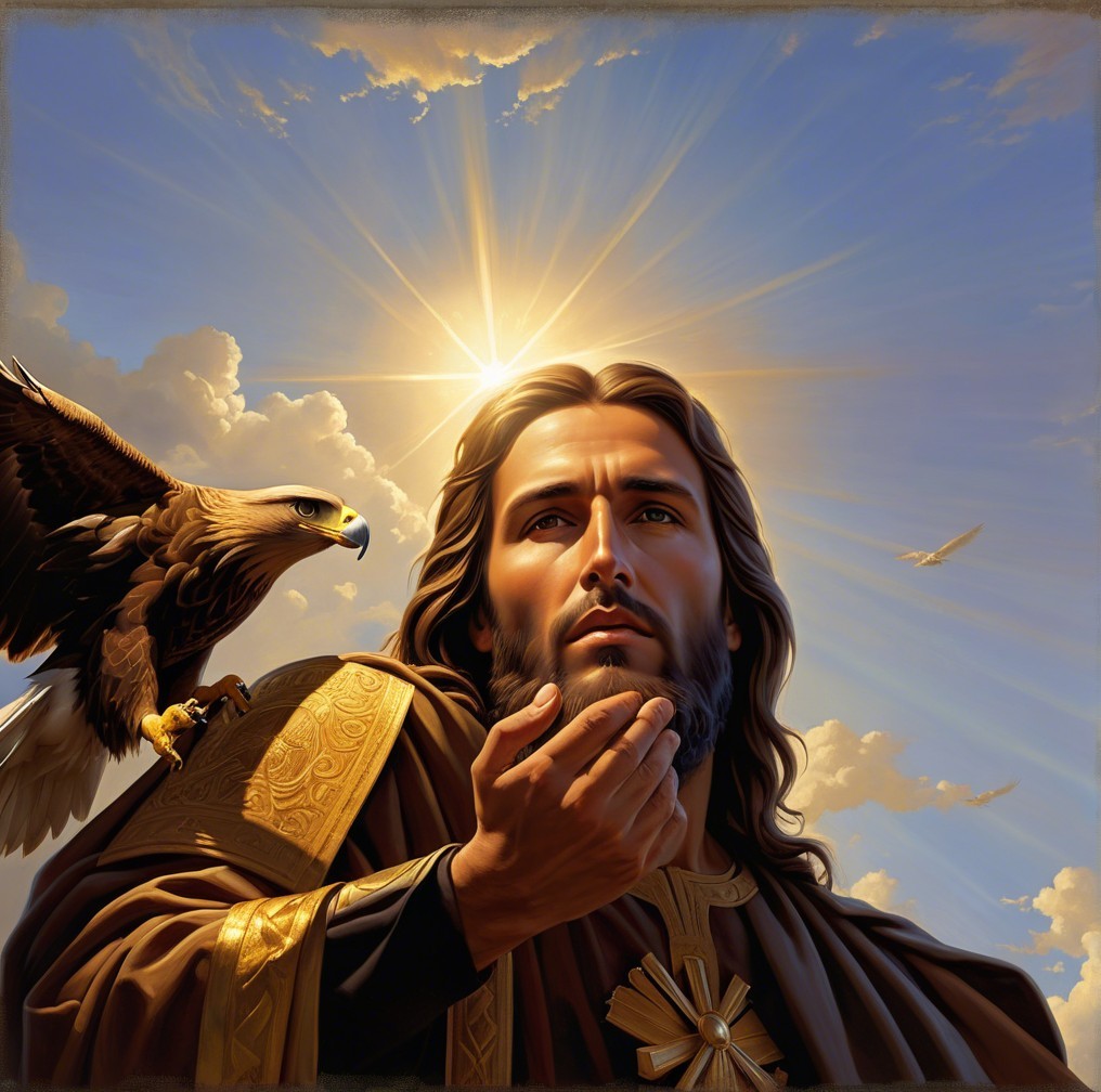 Serene figure in ornate robes with eagle and sun backdrop