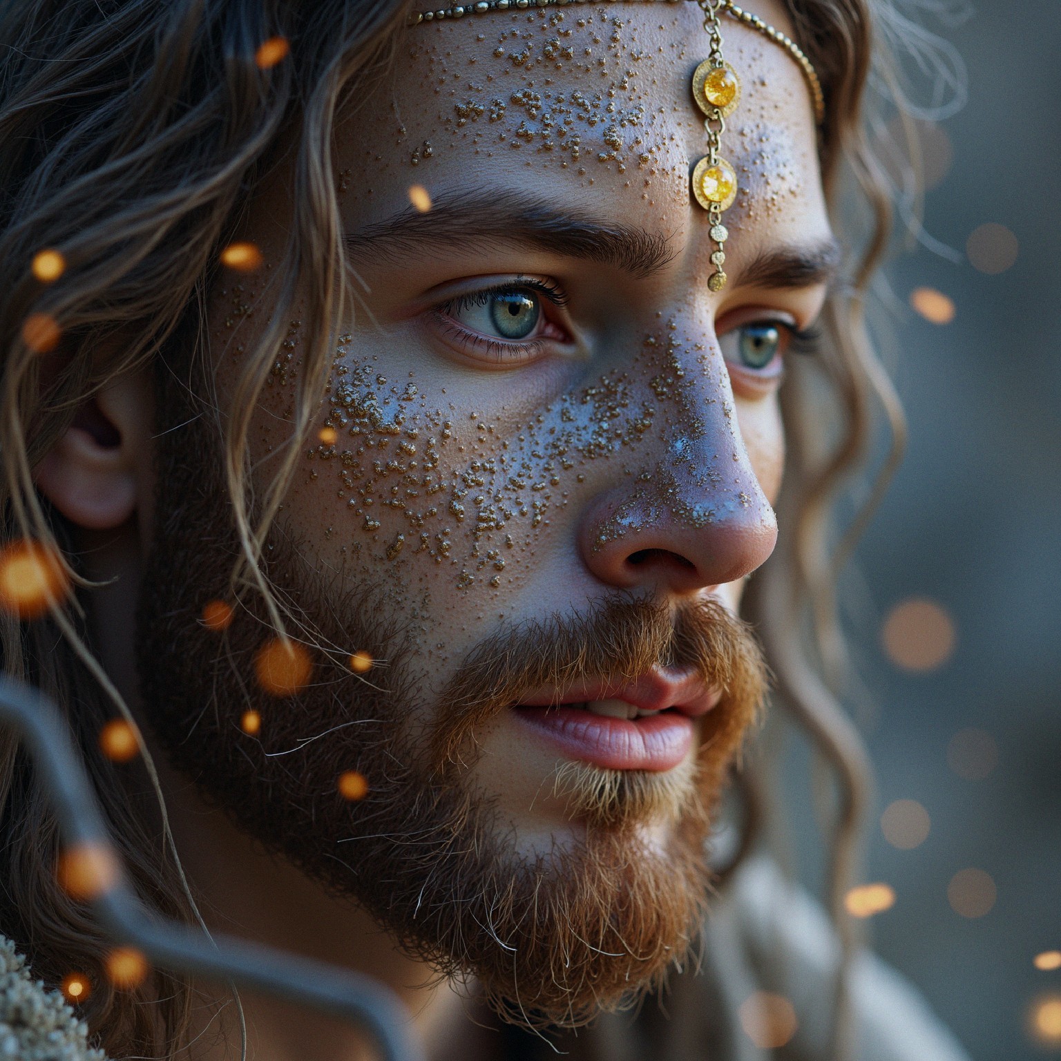 Young man with long hair and shimmering skin adornments