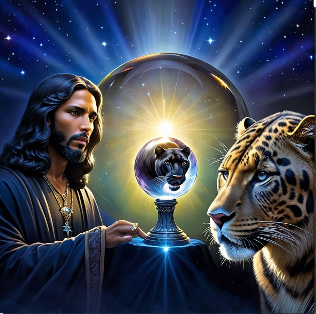Mystical Scene with Man, Crystal Ball, and Leopards