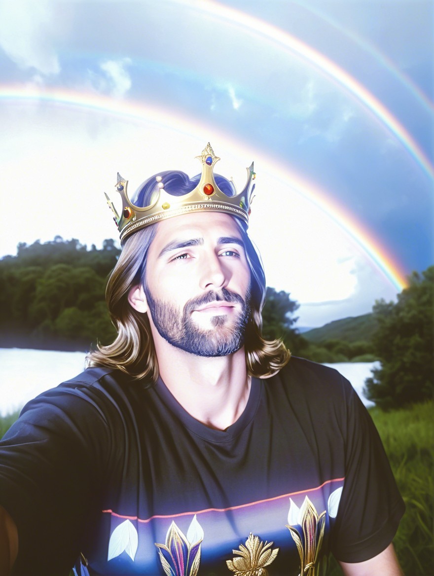 Man in Crown Surrounded by Rainbows and Nature