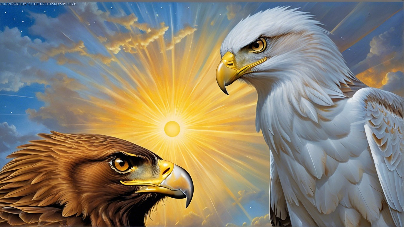 Eagles with contrasting plumage against a vibrant sky