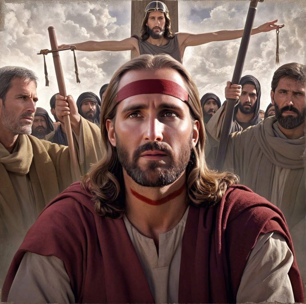 Solemn scene with central figure and dramatic sky