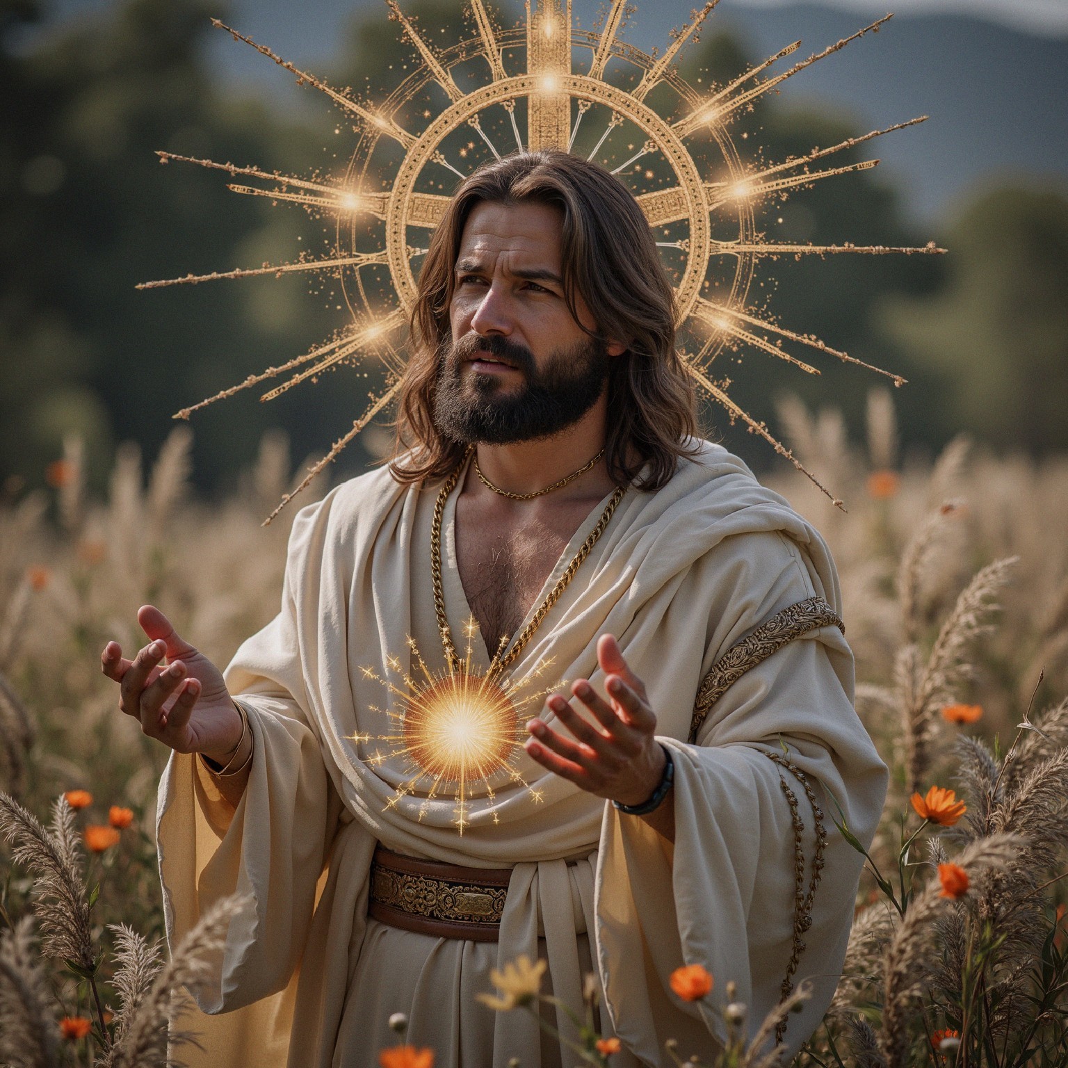 Serene Figure in White Robes Surrounded by Wildflowers