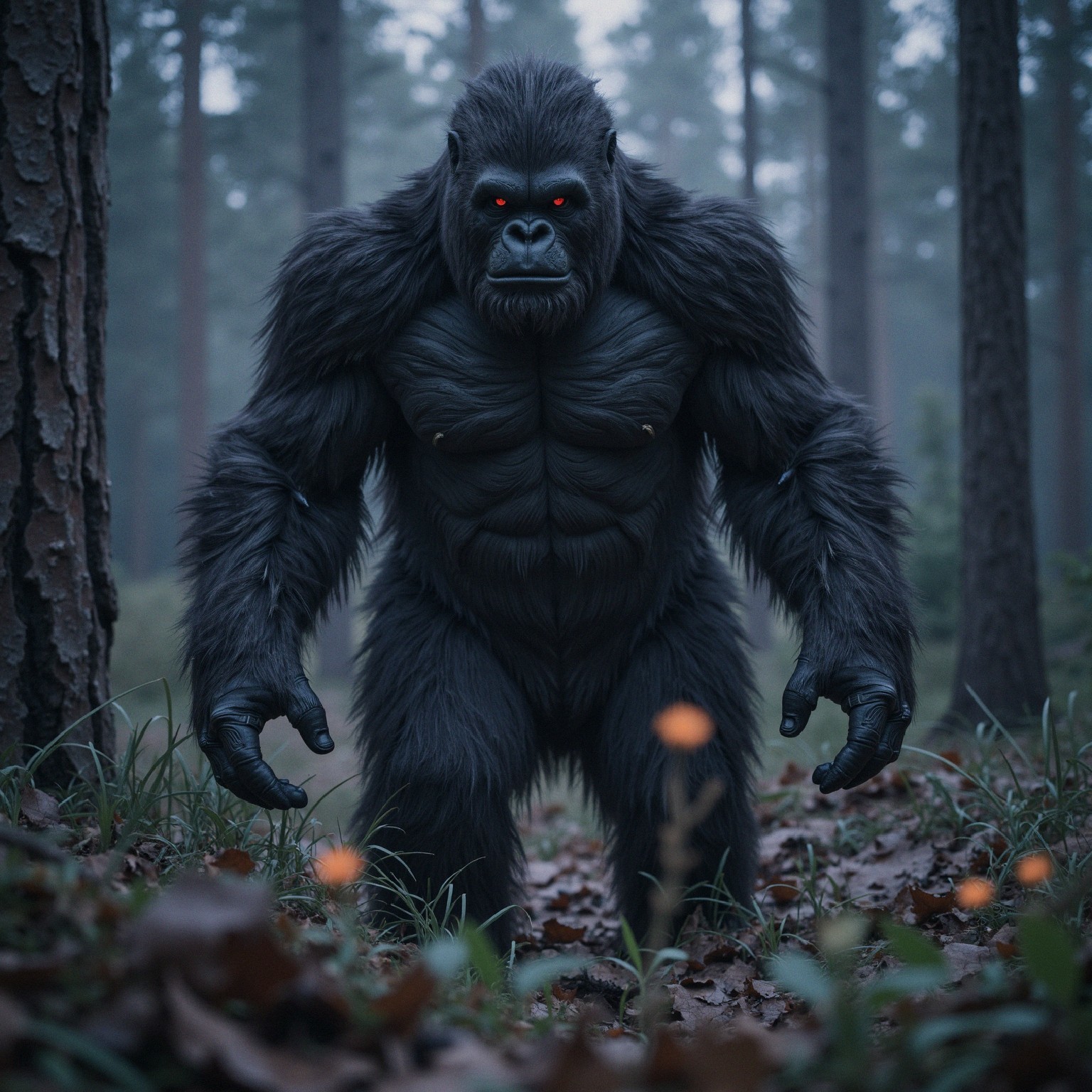 Mighty Gorilla in Misty Forest with Orange Flowers
