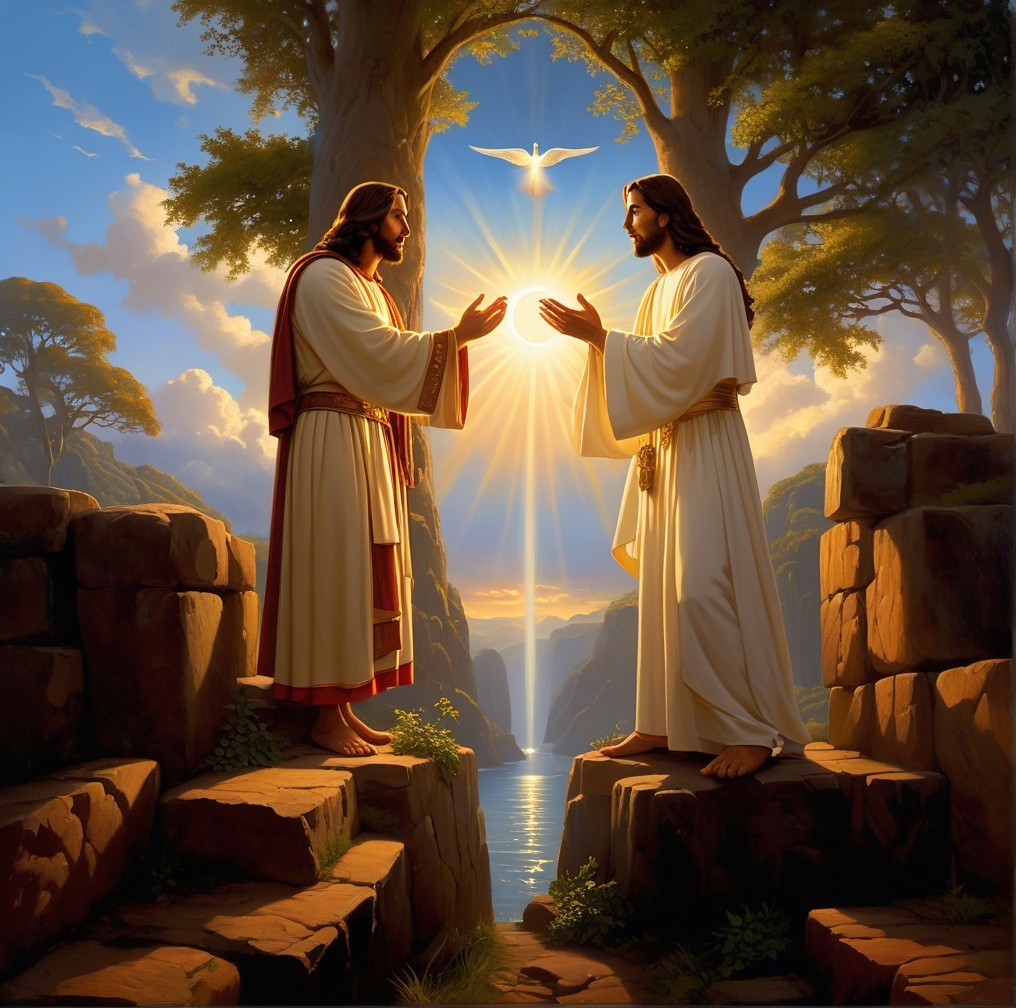 Figures Resembling Jesus in Serene Landscape Scene