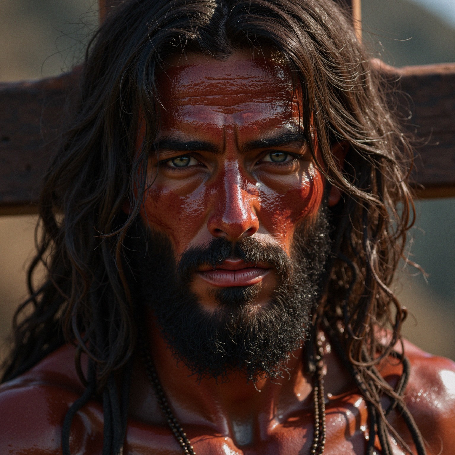 Close-Up of Man with Red Body Paint and Intense Gaze