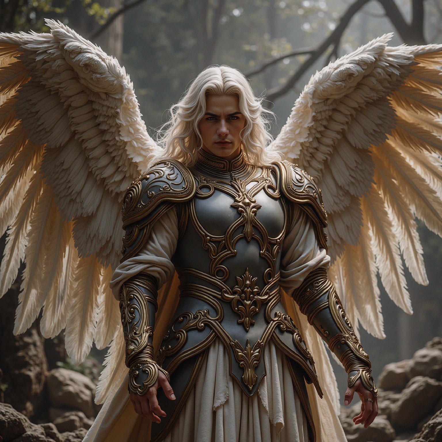 Majestic Angelic Figure in Serene Forest Setting