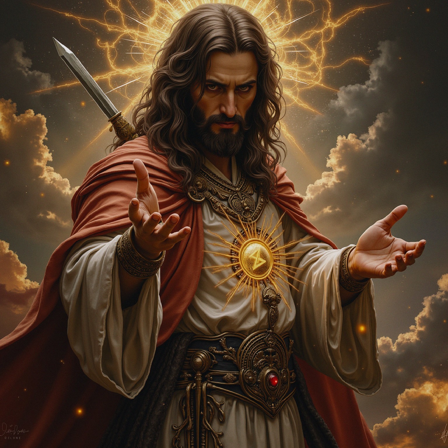Powerful figure with flowing hair and ornate robes