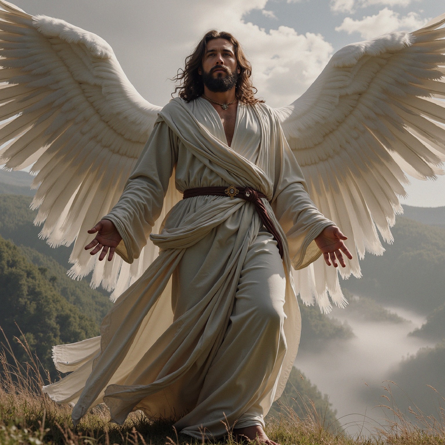 Majestic figure with wings on a hillside landscape