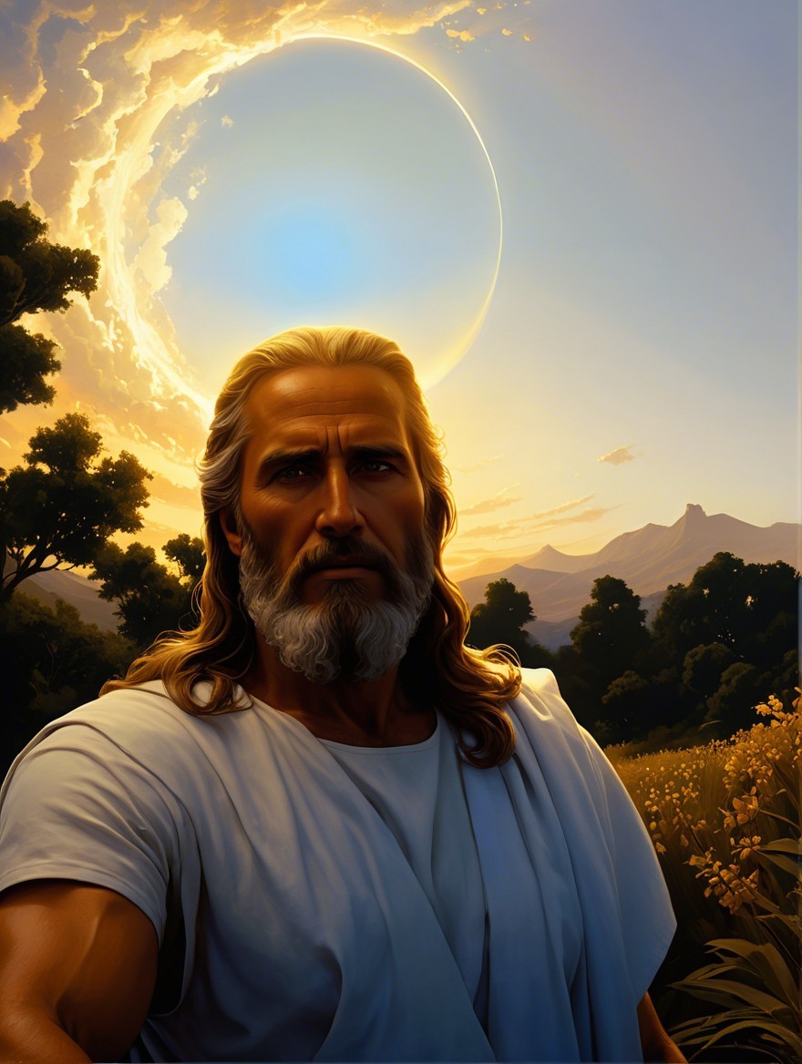 Serene Figure in White Robe in Sunlit Landscape